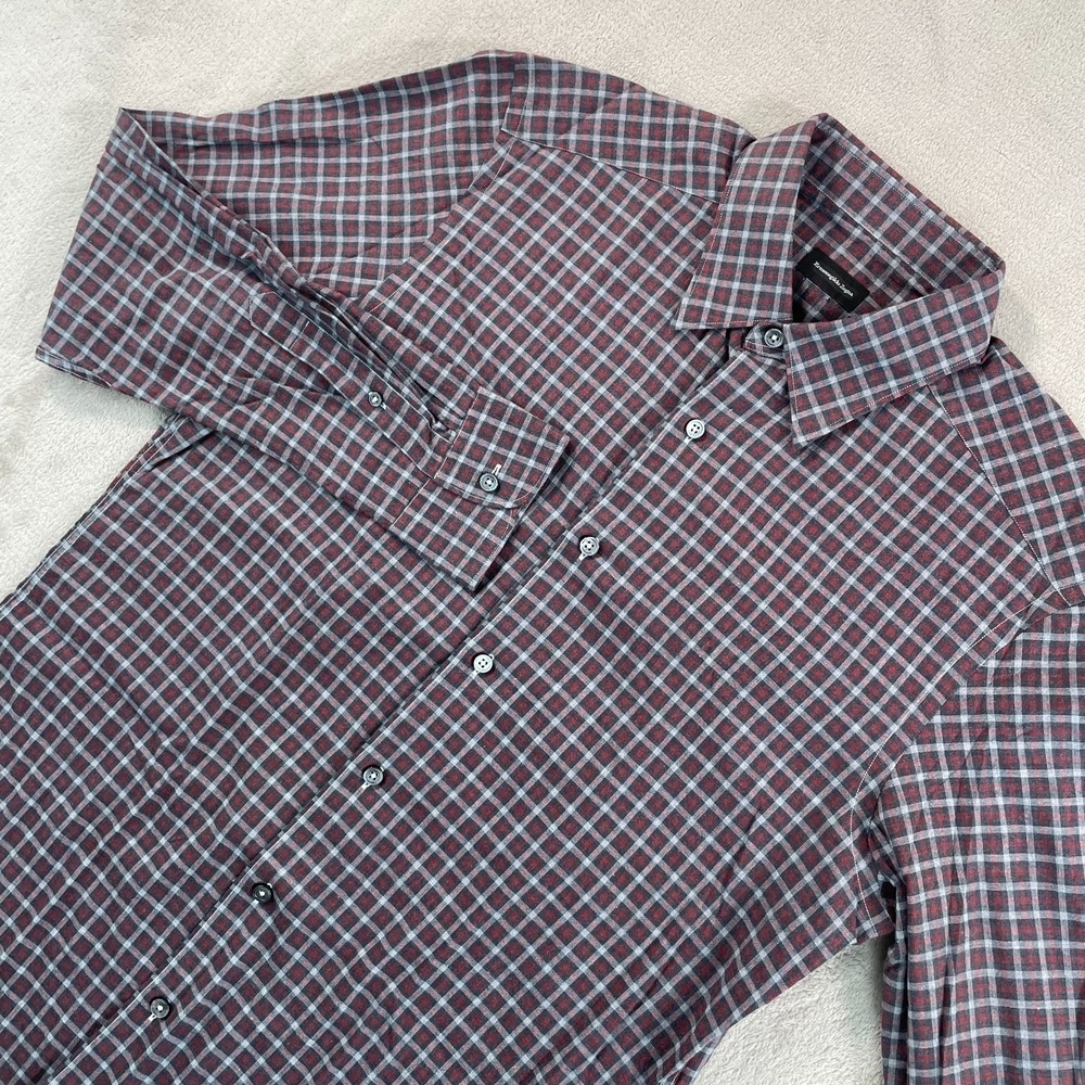 Ermenegildo Zegna Shirt Men Medium Grey Burgundy Multi Plaid Designer Long Sleev